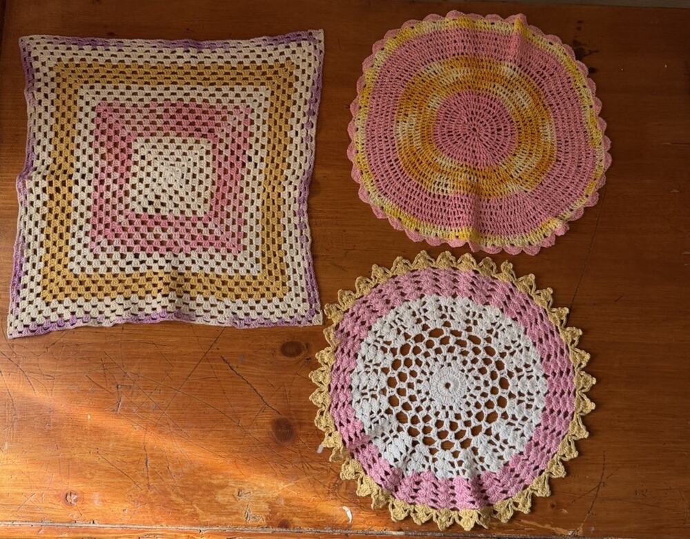 Vintage Crochet Doily Set Pink Yellow White Granny Square Mandala Table Mats